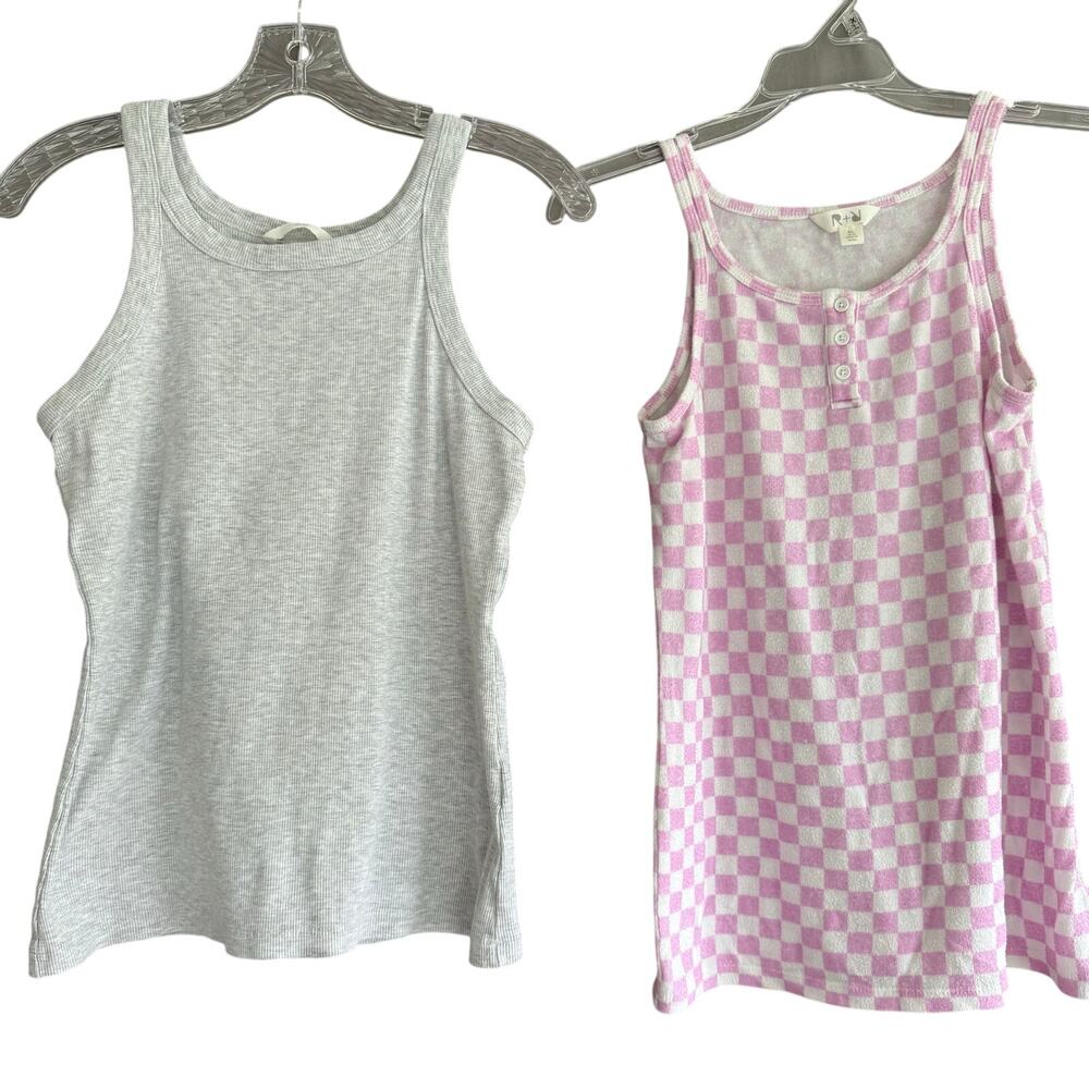 Set of 2 Tank‎ Tops – Light Gray & Pink Checkerboard Y2K Style Women's Size L